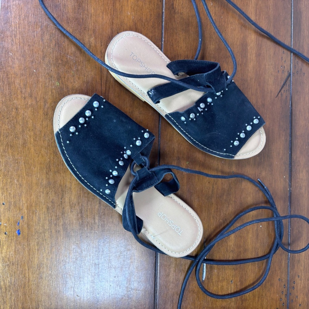 Topshop Lace Up Sandals Womens 37 Black Suede Studded Pearl Gladiator Flats